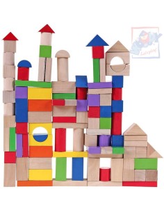 WOODY DŘEVO Baby kostky přírodní a barevné set 100ks prostrkávací víko