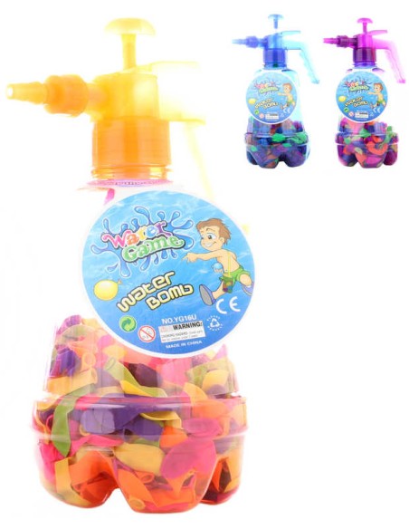 Pumpa plnič na vodní balonky set tlakovací láhev + vodní bomby 100ks 3 barvy