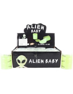 Sliz svítící set s figurkou mimozemšťana v plastovém soudku fosforekující