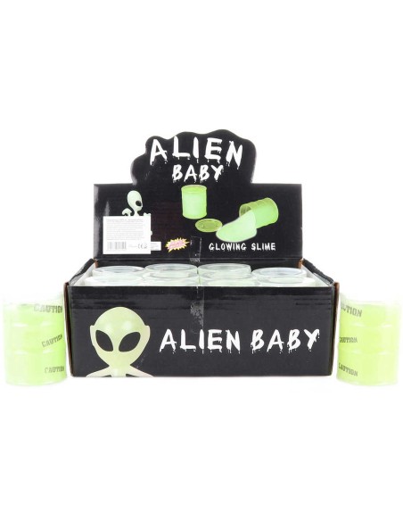 Sliz svítící set s figurkou mimozemšťana v plastovém soudku fosforekující