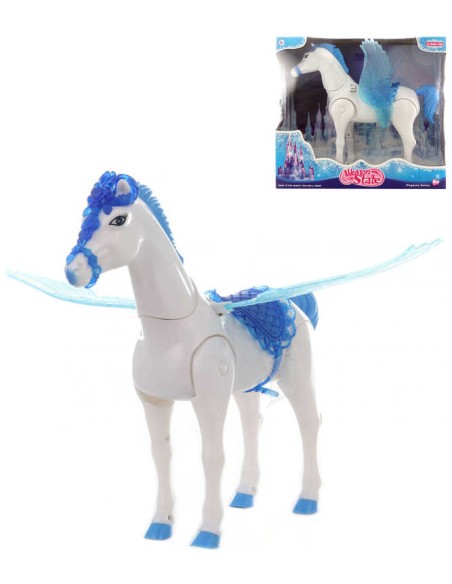 Kůň bílý plastový mává křídly chodící na baterie s melodií Světlo Zvuk
