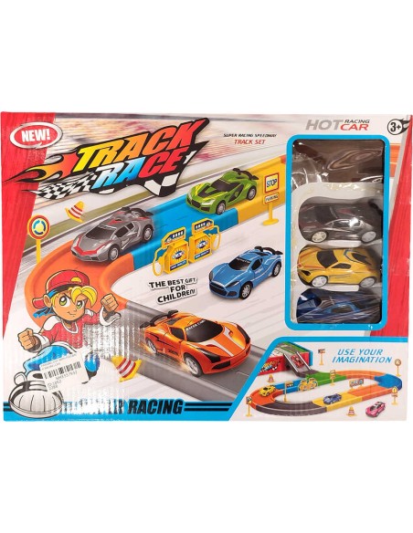Závodní dráha herní set se 4 autíčky na zpětné natažení plast
