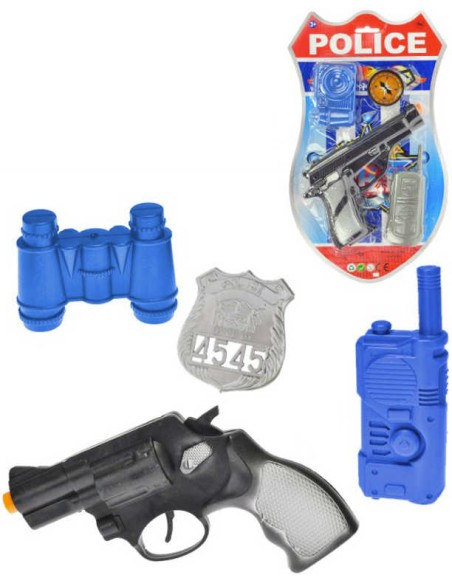 Pistole policejní klapací 18cm + foťák/dalekohled set s doplňky 4ks na kartě