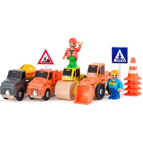 WOODY DŘEVO Stavební stroje set 4 autíčka se 2 figurkami doplněk k vláčkodráze