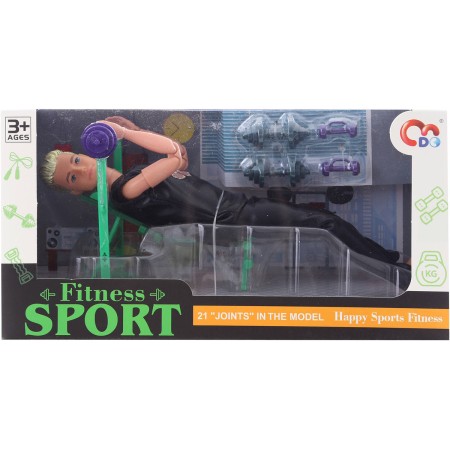 Panáček kloubový fitness sportovec panák set s lavicí a činkami plast