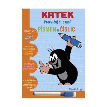 AKIM Psaní písmen a číslic Krtek (Krteček) stíratelný sešit s popisovačem 2