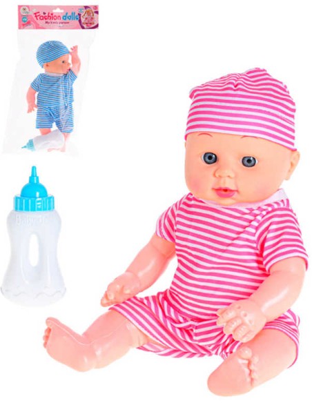 Panenka miminko 29cm pruhovaný obleček pije čůrá set s lahvičkou 2 barvy