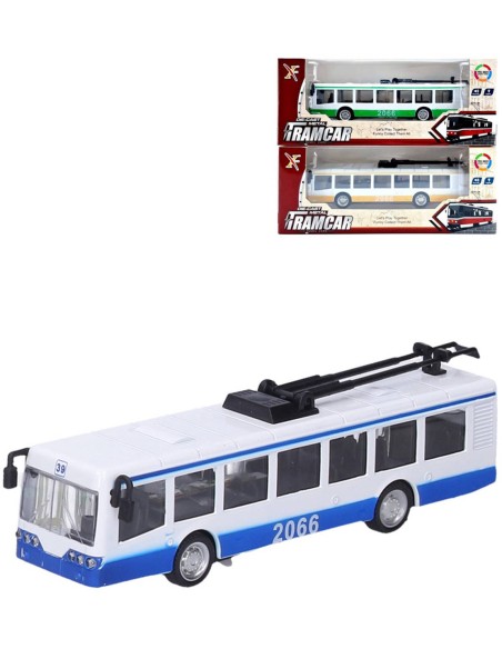 Trolejbus kovový s efekty 16cm na baterie zpětný chod Světlo Zvuk