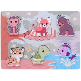 JOUECO DŘEVO Puzzle vkládací zvířátka 6 dílků na desce pro miminko