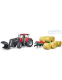 BRUDER 03198 Set traktor CASE IH Optum 300 CVX + čelní nakladač a přepravník balíků