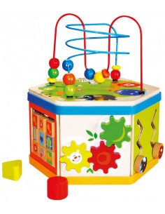 BINO DŘEVO Baby kostka motorická provlékačka s aktivitami 7v1