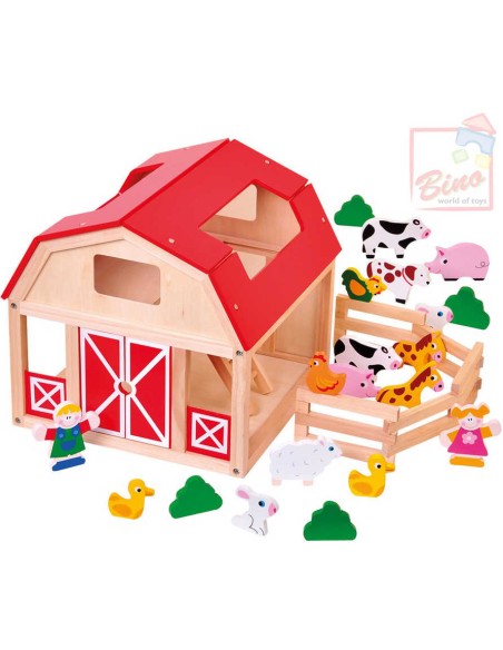 BINO DŘEVO Farma se zvířátky herní set domeček se 2 panáčky a doplňky