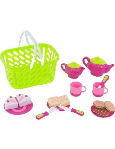 Nádobí dětské čajový servis set s maketami potravin v nákupním košíku plast