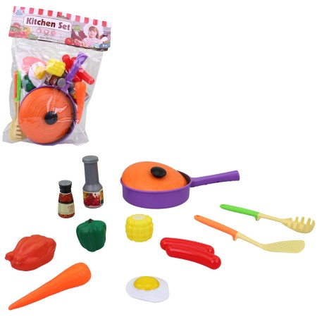 Kuchyňská sada barevné dětské nádobí + makety potravin plast