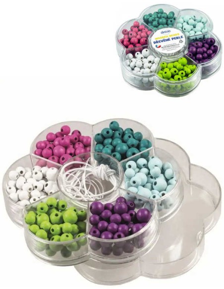 DETOA DŘEVO Perličky v kytičce II. set barevné korálky 180ks s provázky