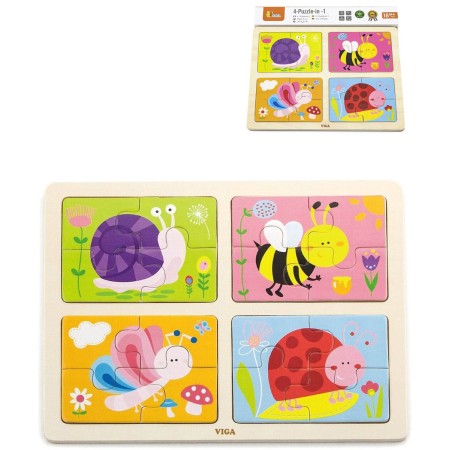 VIGA DŘEVO Puzzle na desce 4v1 hmyz baby skládačka 16 dílků
