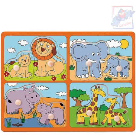 WOODY DŘEVO Baby puzzle s úchyty mláďata 4x2 dílky na desce pro miminko