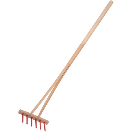 DŘEVO Hrábě dětské nářadí dřevěné červené s násadou 90cm s 6 kolíky plast