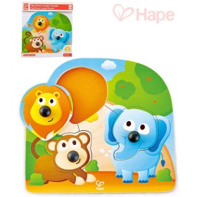 HAPE DŘEVO Baby puzzle vkládací s úchyty zvířátka džungle 3 dílky na desce